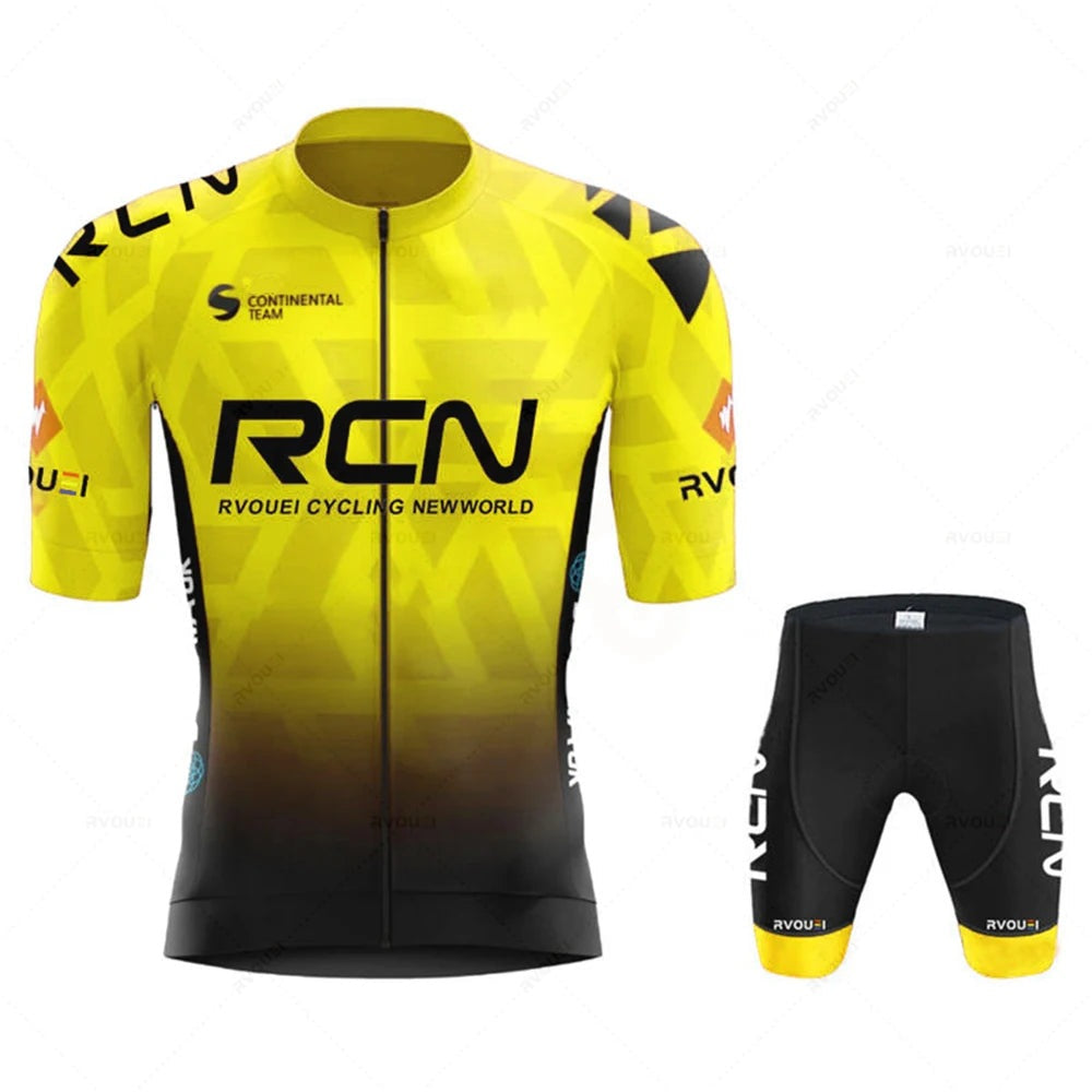 Wielerset voor heren met wielershirt met korte mouw en fietsbroek met zeem - geel - zonder bretels