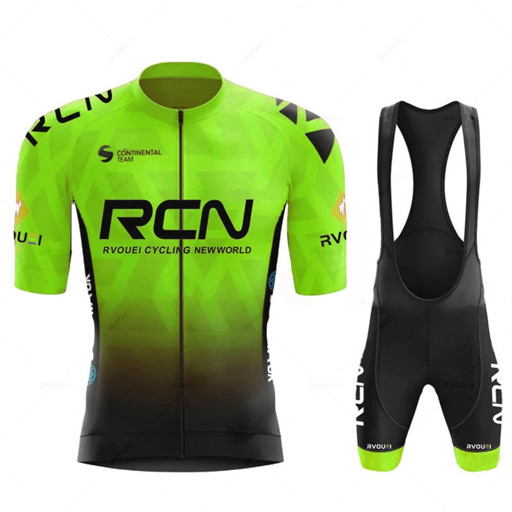Wielerset voor heren met wielershirt met korte mouw en fietsbroek met zeem - felgroen - met bretels