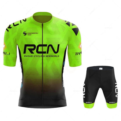 Wielerset voor heren met wielershirt met korte mouw en fietsbroek met zeem - felgroen - zonder bretels