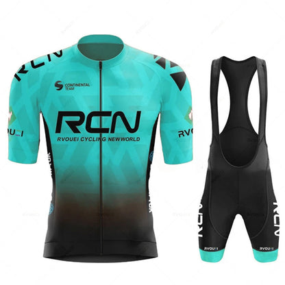 Wielerset voor heren met wielershirt met korte mouw en fietsbroek met zeem - turquoise - met bretels