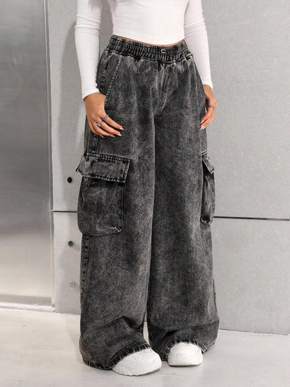 Wijde cargo jeans voor meisjes van stonewashed denim met trekkoord en grote zakken op de pijpen - beeld 3