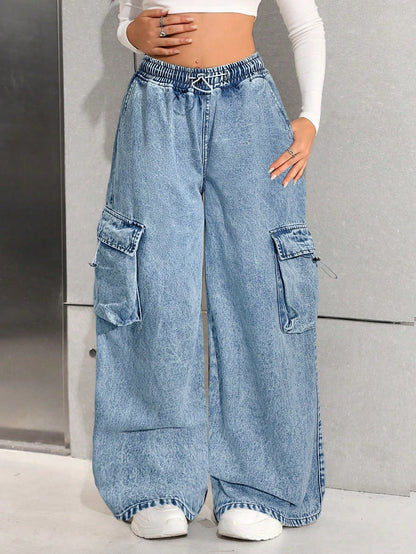Wijde cargo jeans voor meisjes van stonewashed denim met trekkoord en grote zakken op de pijpen - beeld 6