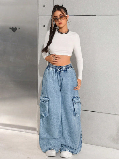 Wijde cargo jeans voor meisjes van stonewashed denim met trekkoord en grote zakken op de pijpen - beeld 7
