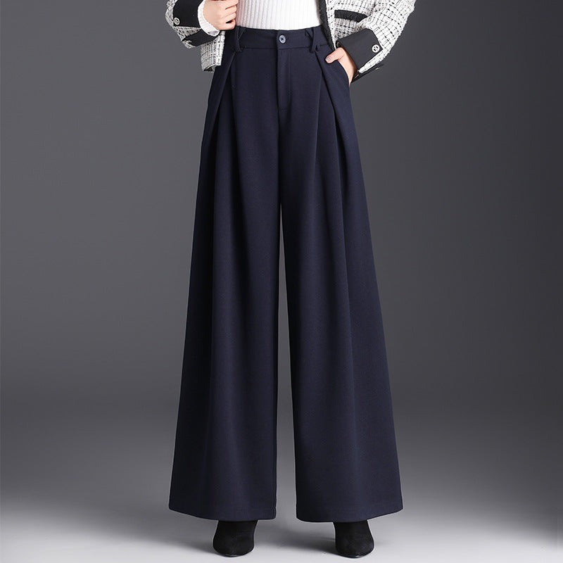 Wijde damesbroek met hoge taille en diepe plooien - marineblauw