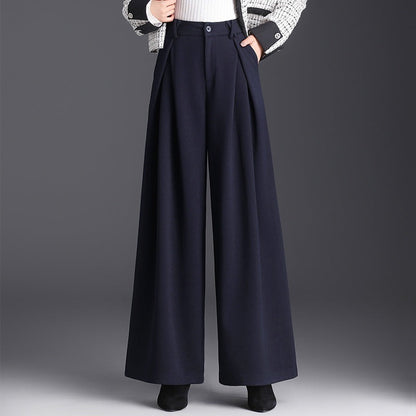 Wijde damesbroek met hoge taille en diepe plooien - marineblauw
