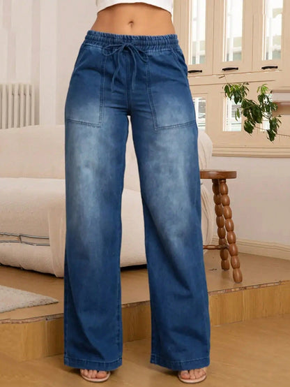 Wijde jeans voor dames met elastische taille, trekkoord en opgestikte zakken - donkerblauw