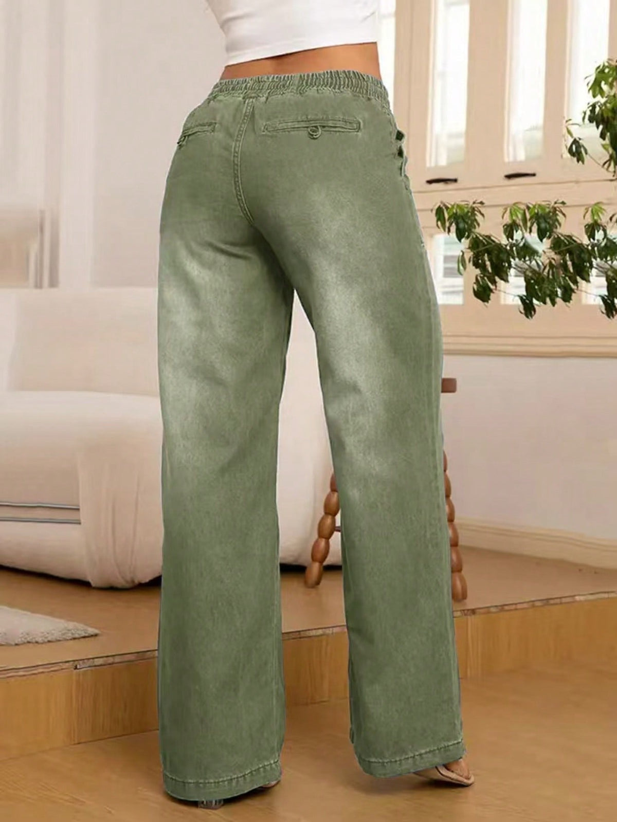 Wijde jeans voor dames met elastische taille, trekkoord en opgestikte zakken - beeld 10