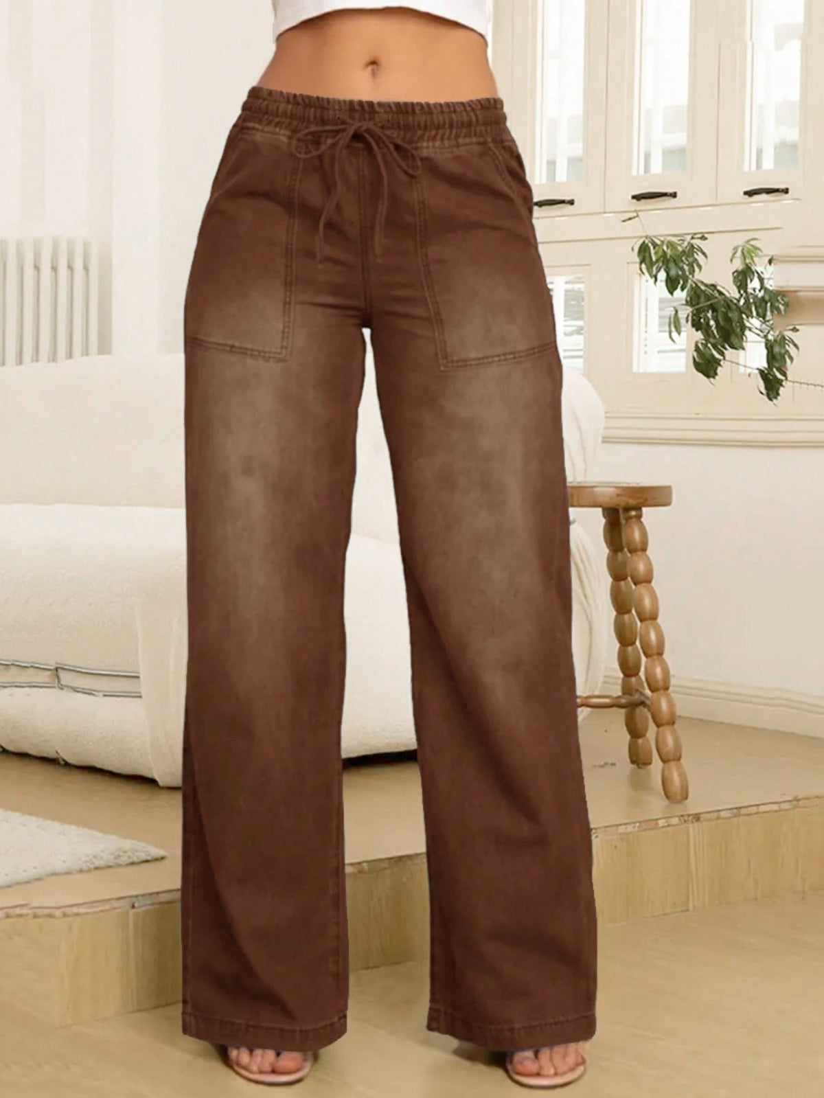 Wijde jeans voor dames met elastische taille, trekkoord en opgestikte zakken - beeld 11