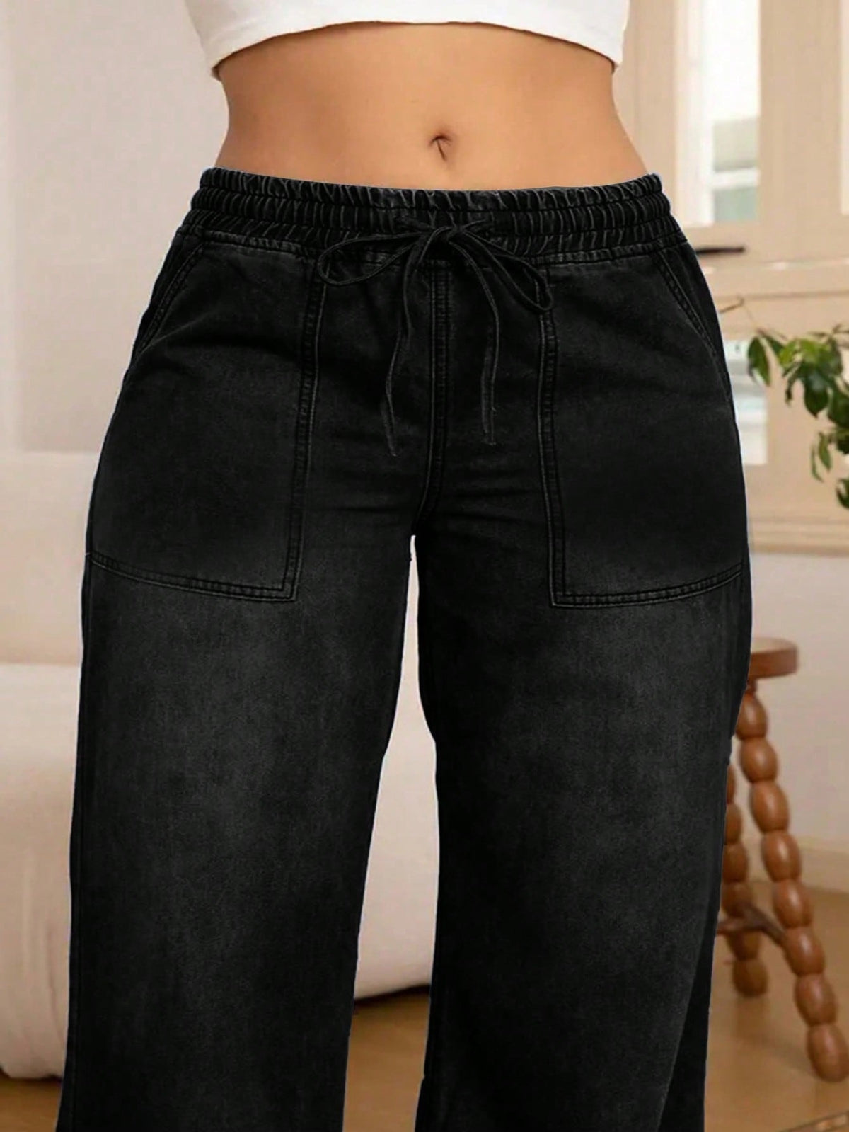 Wijde jeans voor dames met elastische taille, trekkoord en opgestikte zakken - beeld 12