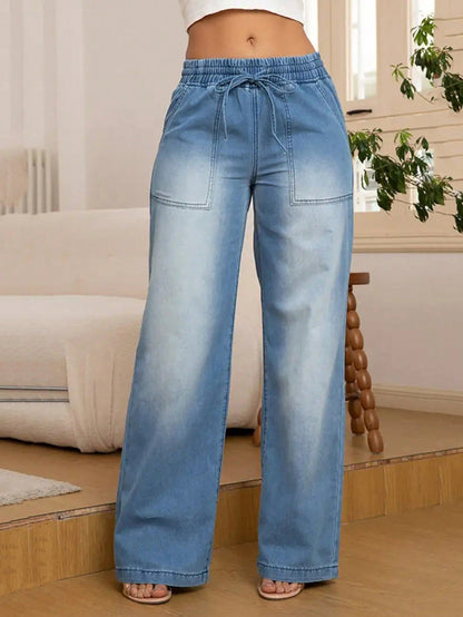 Wijde jeans voor dames met elastische taille, trekkoord en opgestikte zakken - lichtblauw