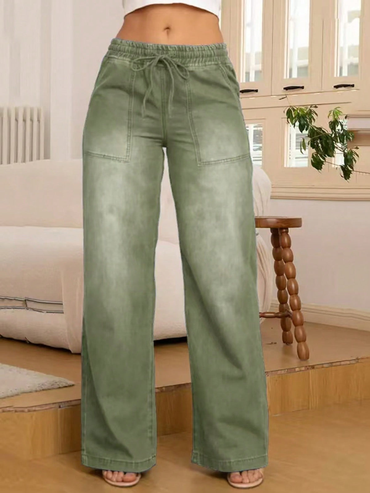 Wijde jeans voor dames met elastische taille, trekkoord en opgestikte zakken - legergroen