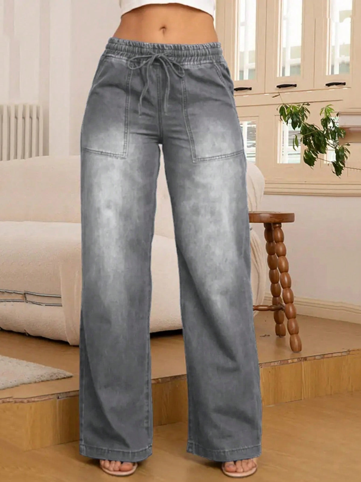 Wijde jeans voor dames met elastische taille, trekkoord en opgestikte zakken - grijs