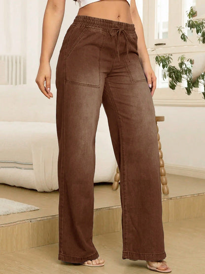 Wijde jeans voor dames met elastische taille, trekkoord en opgestikte zakken - bruin