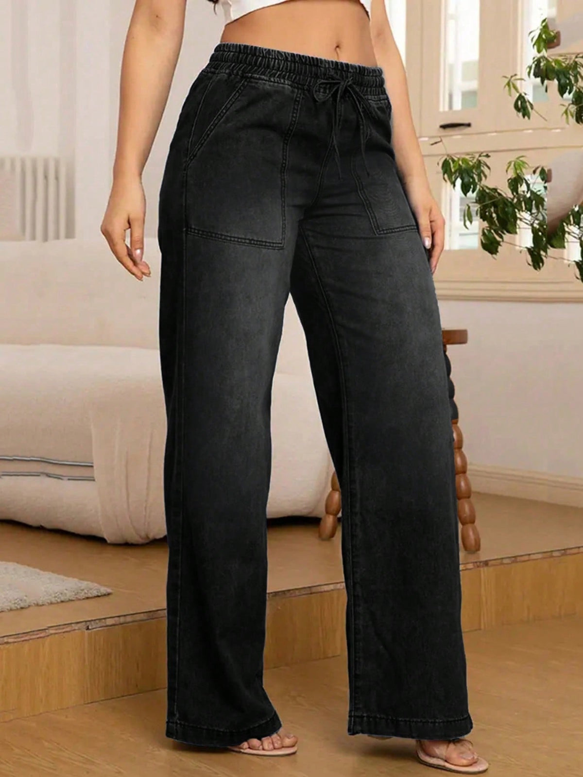 Wijde jeans voor dames met elastische taille, trekkoord en opgestikte zakken - zwart