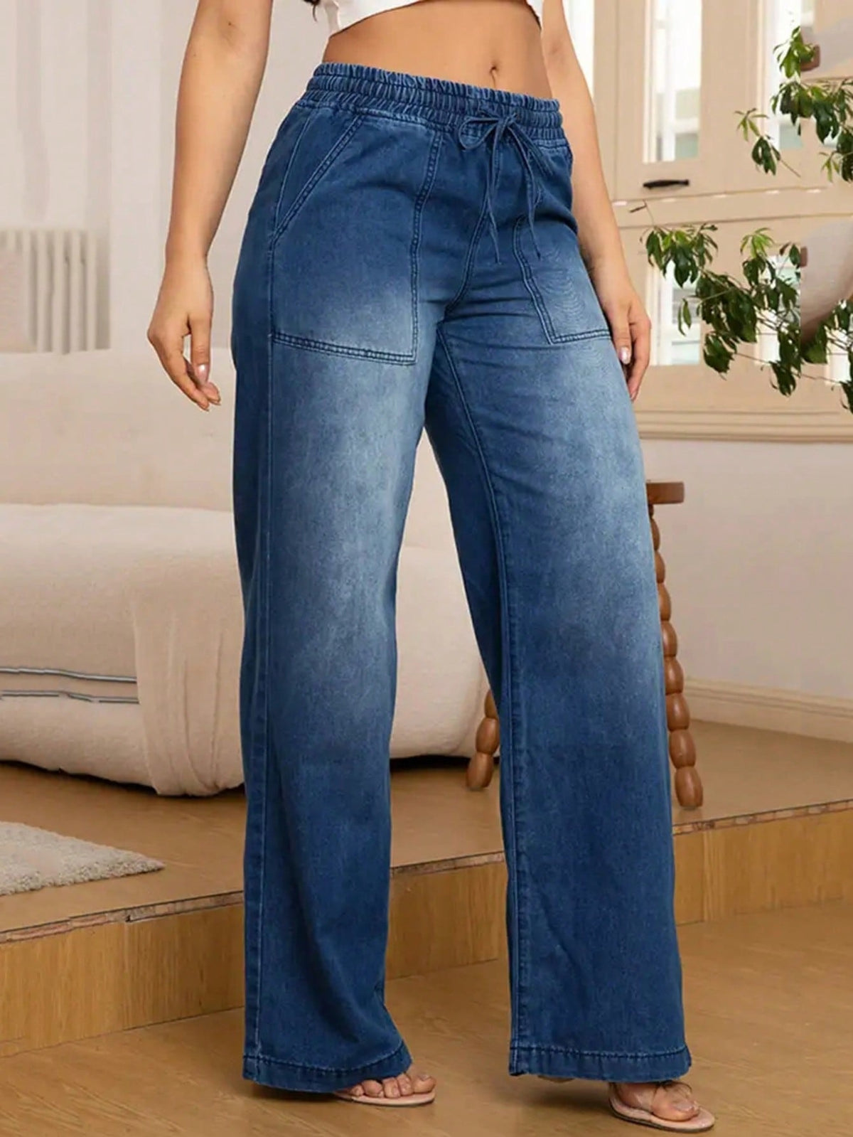 Wijde jeans voor dames met elastische taille, trekkoord en opgestikte zakken - beeld 7
