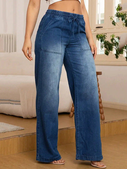 Wijde jeans voor dames met elastische taille, trekkoord en opgestikte zakken - beeld 7