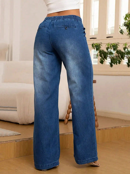 Wijde jeans voor dames met elastische taille, trekkoord en opgestikte zakken - beeld 8