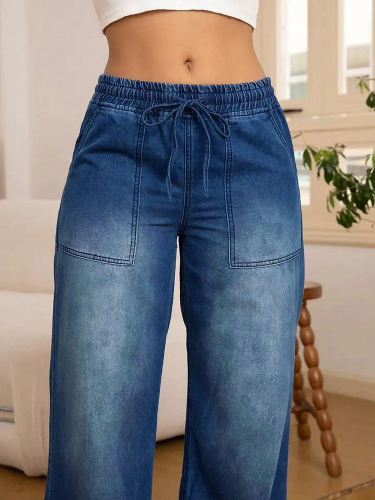 Wijde jeans voor dames met elastische taille, trekkoord en opgestikte zakken - beeld 9