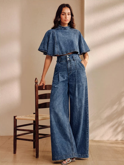 Wijde jeans voor dames met hoge taille, dubbele knoop en naad over de pijp - middenblauw