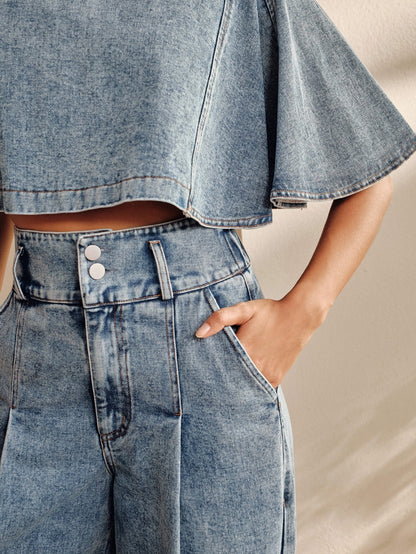 Wijde jeans voor dames met hoge taille, dubbele knoop en naad over de pijp - beeld 4