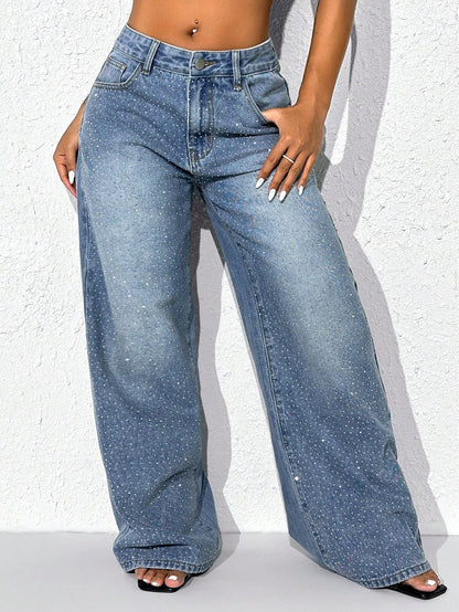Wijde jeans voor dames met glinsterende steentjes, lage taille en lange pijp - middenblauw