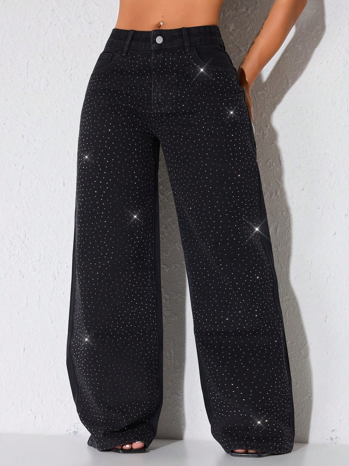 Wijde jeans voor dames met glinsterende steentjes, lage taille en lange pijp - beeld 10