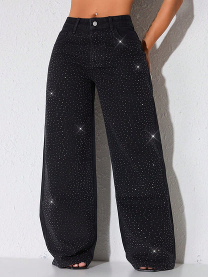 Wijde jeans voor dames met glinsterende steentjes, lage taille en lange pijp - beeld 10