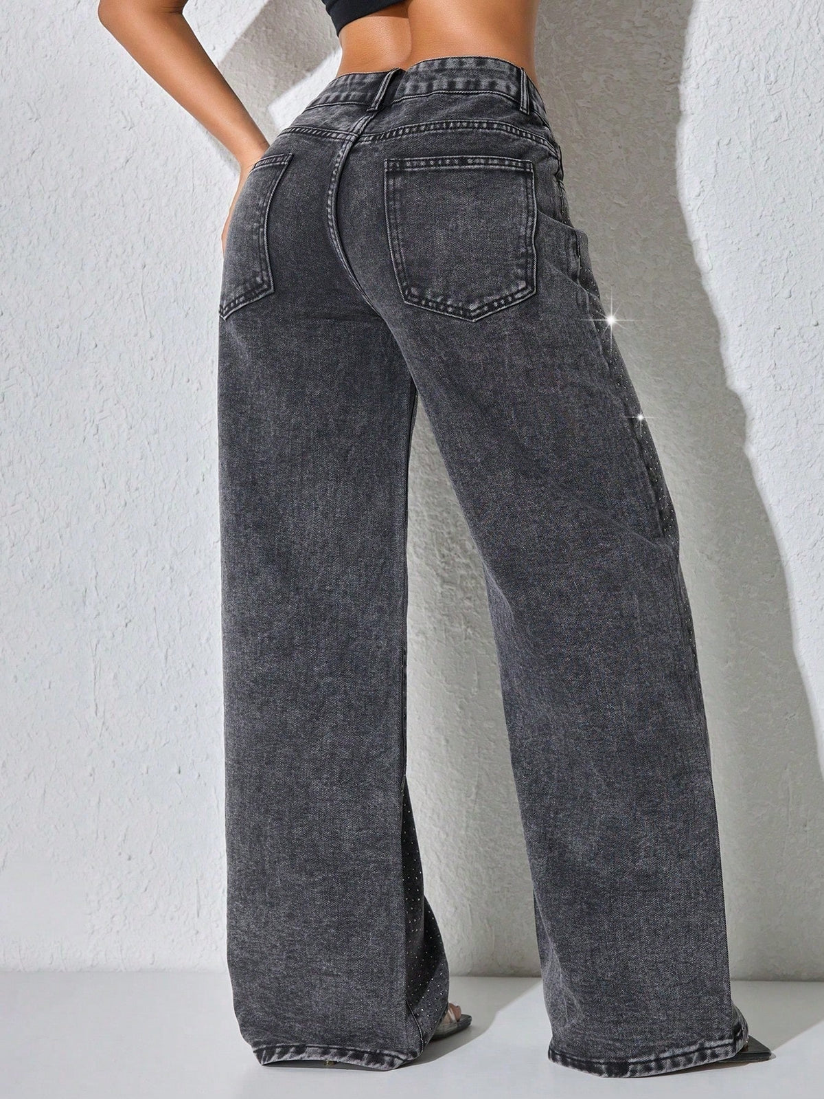 Wijde jeans voor dames met glinsterende steentjes, lage taille en lange pijp - beeld 11