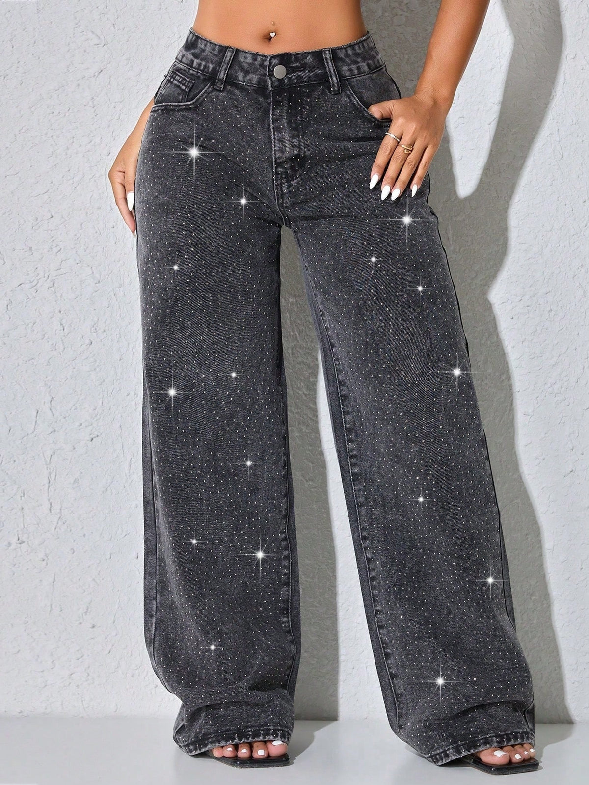 Wijde jeans voor dames met glinsterende steentjes, lage taille en lange pijp - beeld 12