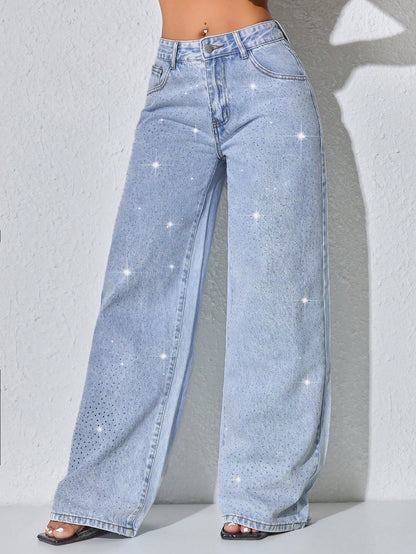 Wijde jeans voor dames met glinsterende steentjes, lage taille en lange pijp - lichtblauw