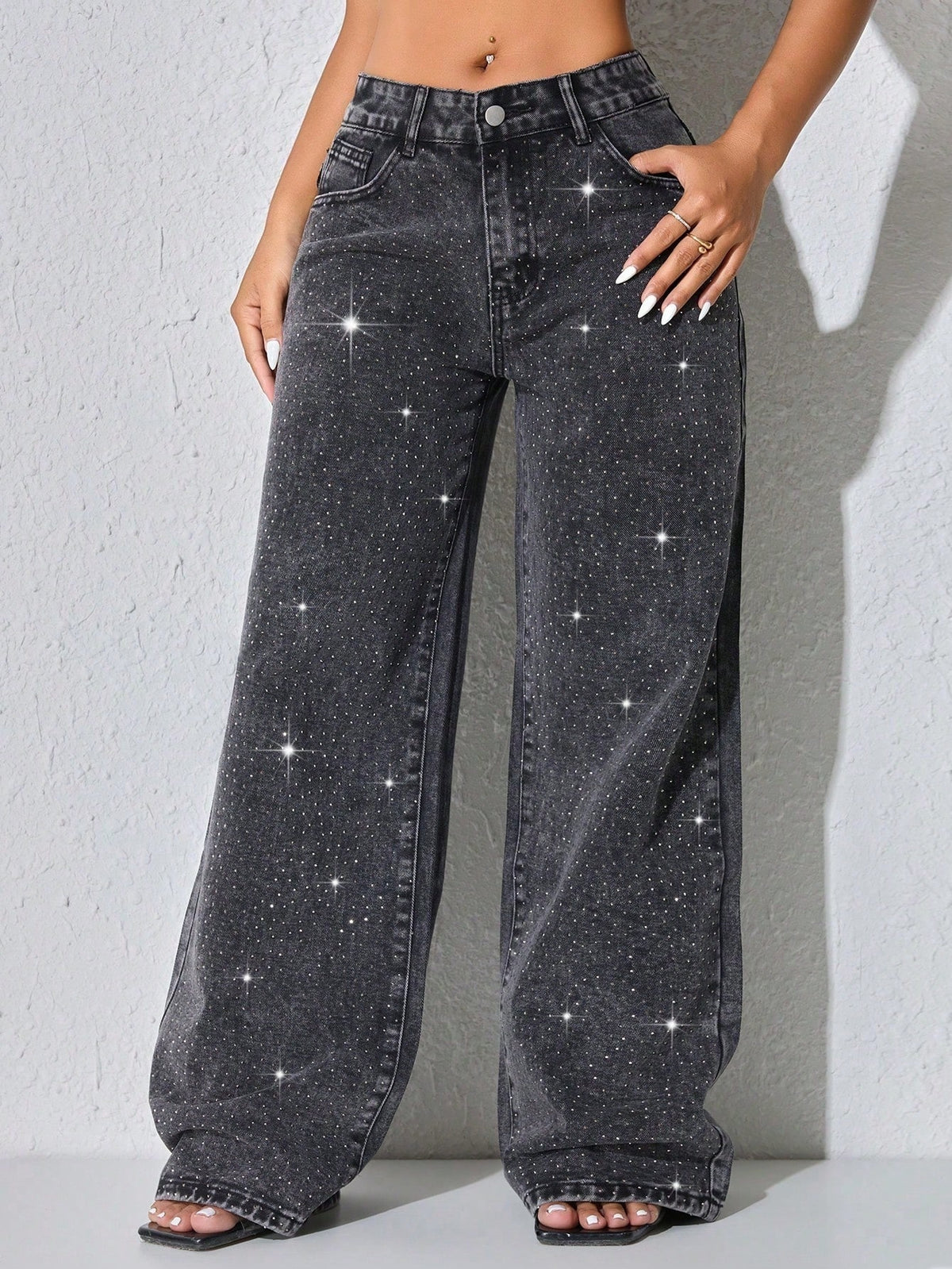 Wijde jeans voor dames met glinsterende steentjes, lage taille en lange pijp - antraciet
