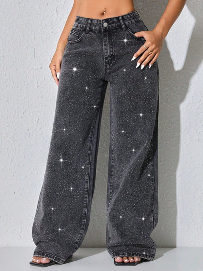 Wijde jeans voor dames met glinsterende steentjes, lage taille en lange pijp - antraciet