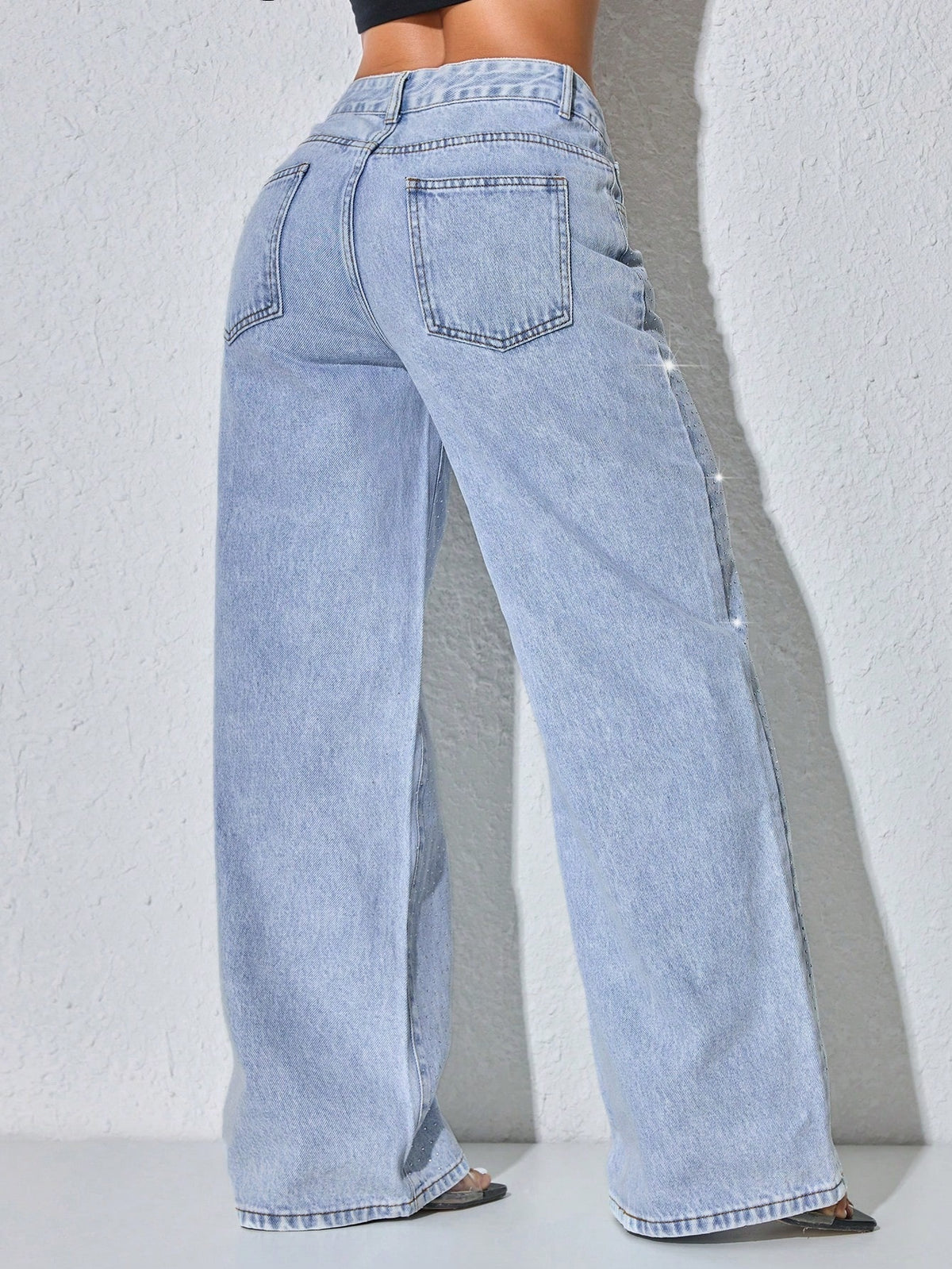 Wijde jeans voor dames met glinsterende steentjes, lage taille en lange pijp - beeld 7