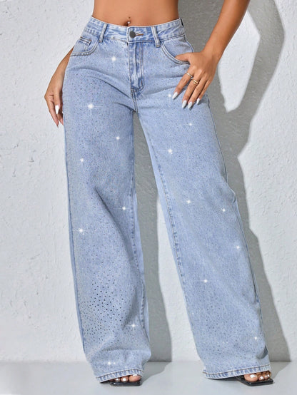 Wijde jeans voor dames met glinsterende steentjes, lage taille en lange pijp - beeld 8