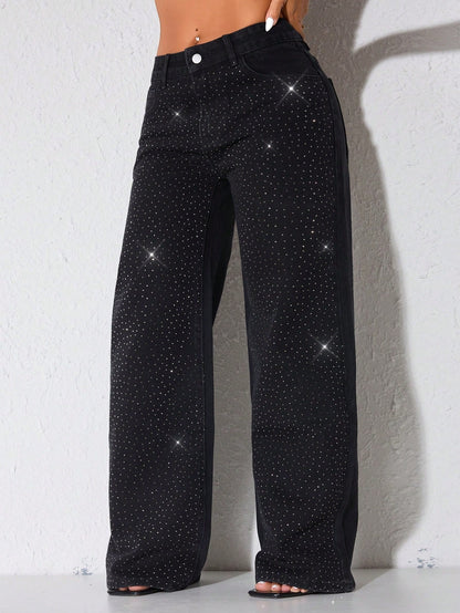 Wijde jeans voor dames met glinsterende steentjes, lage taille en lange pijp - beeld 9