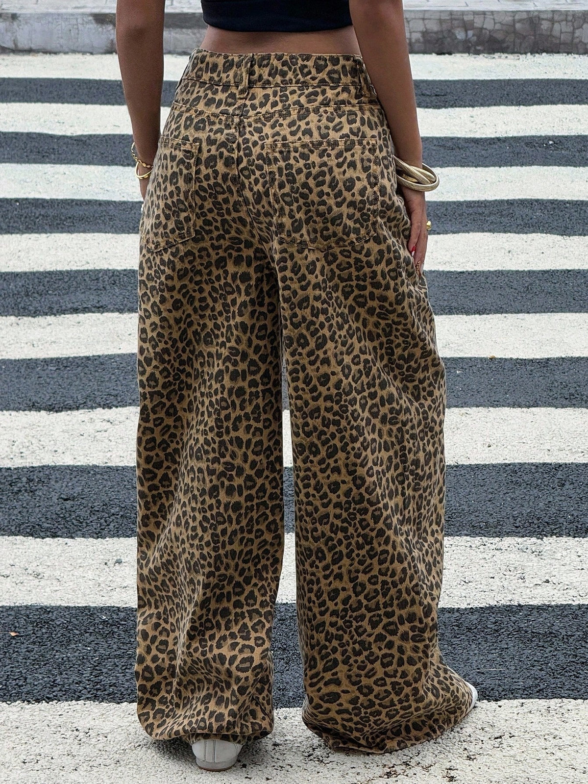Luipaard jeans voor dames van katoenen denim met wijde rechte pijp - camel