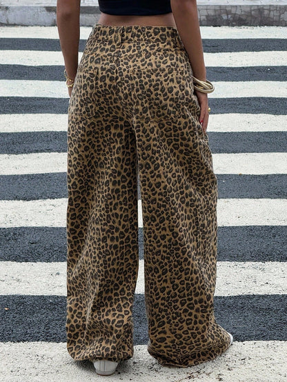 Luipaard jeans voor dames van katoenen denim met wijde rechte pijp - camel