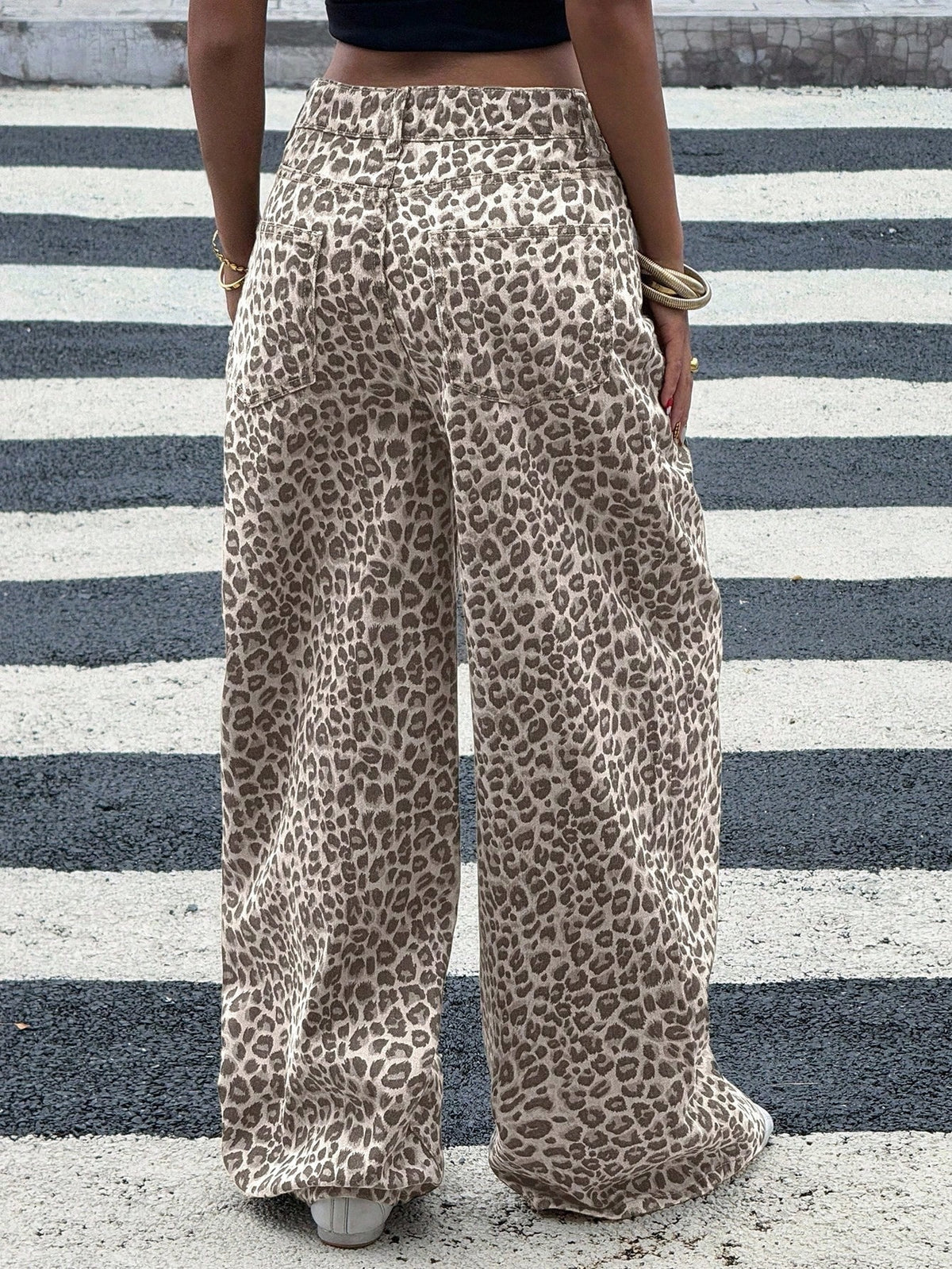 Luipaard jeans voor dames van katoenen denim met wijde rechte pijp - beige