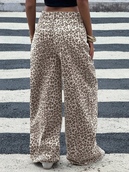 Luipaard jeans voor dames van katoenen denim met wijde rechte pijp - beige