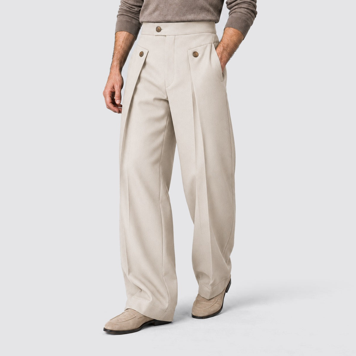 Wijde plooibroek voor heren met hoge taille en knoopdetails - lichtbeige