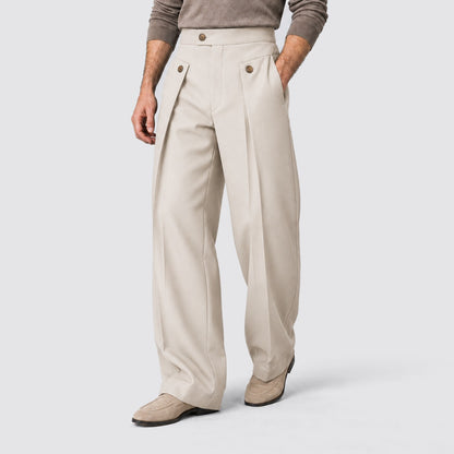 Wijde plooibroek voor heren met hoge taille en knoopdetails - lichtbeige