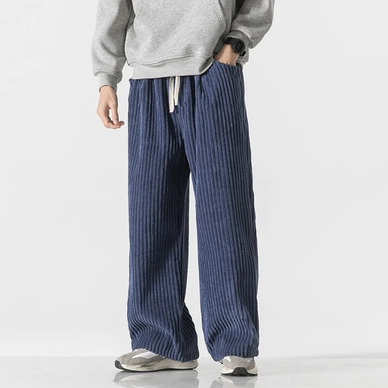 Wijde ribfluwelen broek voor heren met brede rib en trekkoord in de taille - marineblauw