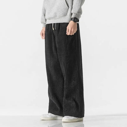 Wijde ribfluwelen broek voor heren met brede rib en trekkoord in de taille - zwart