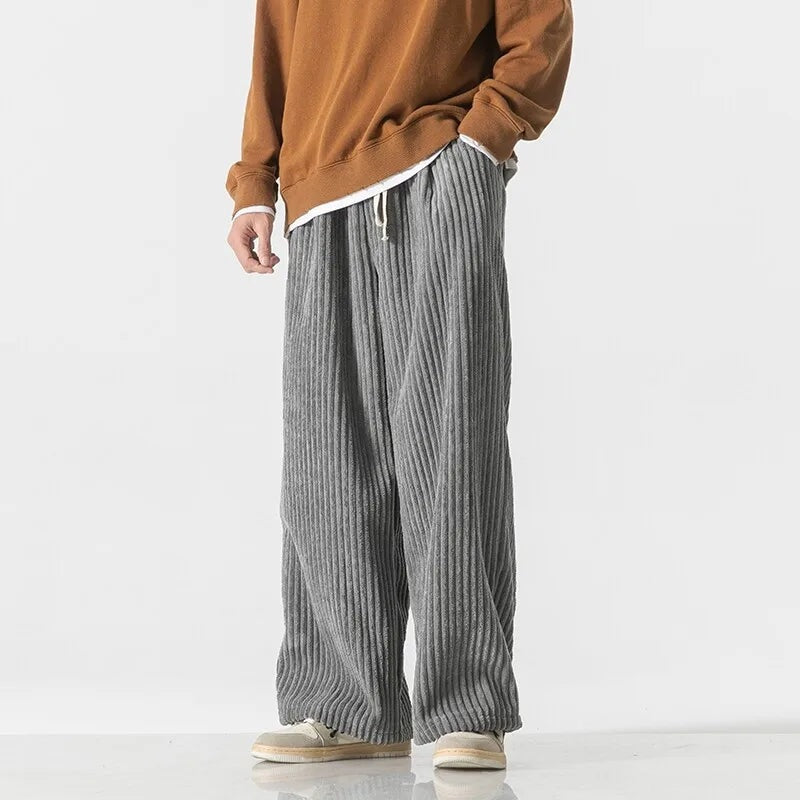 Wijde ribfluwelen broek voor heren met brede rib en trekkoord in de taille - grijs