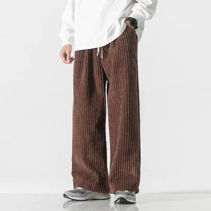 Wijde ribfluwelen broek voor heren met brede rib en trekkoord in de taille - bruin