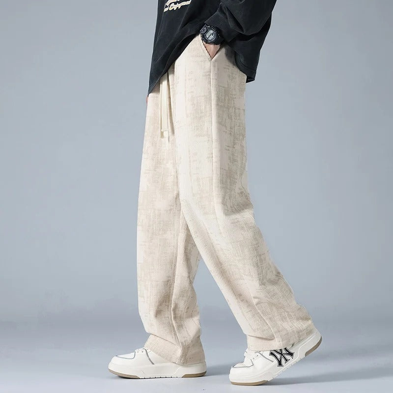 Wijde ribfluwelen broek voor heren met gemêleerde look en trekkoord in de taille - beige
