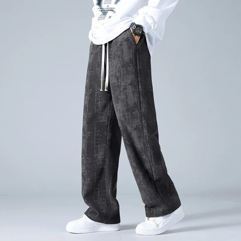 Wijde ribfluwelen broek voor heren met gemêleerde look en trekkoord in de taille - antraciet