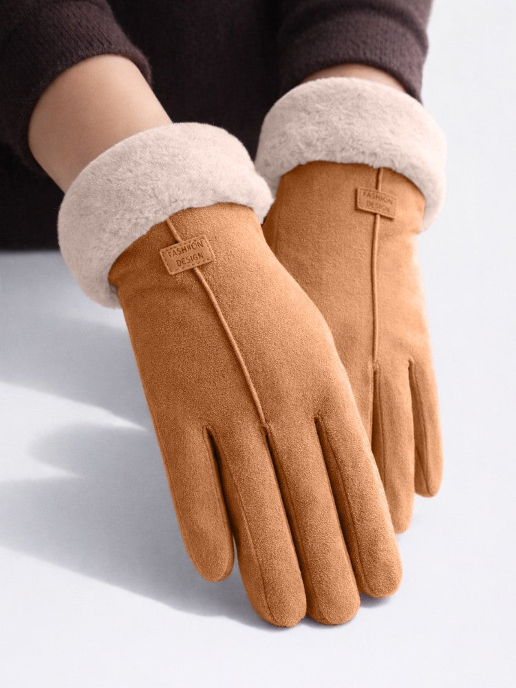 Winterhandschoenen voor dames in suède look met fleecevoering en teddymanchet - camel