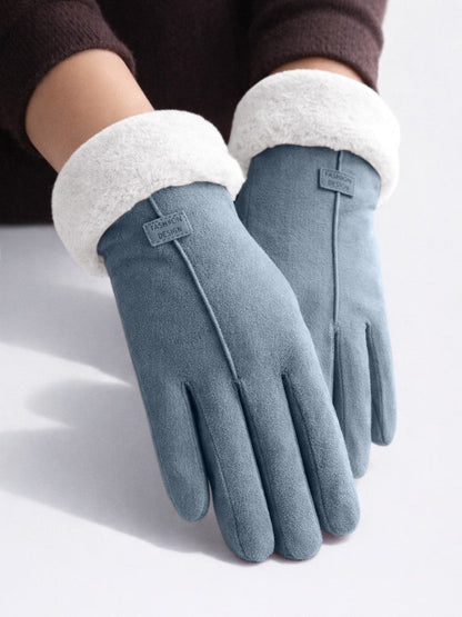 Winterhandschoenen voor dames in suède look met fleecevoering en teddymanchet - blauw