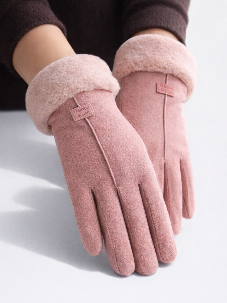 Winterhandschoenen voor dames in suède look met fleecevoering en teddymanchet - roze